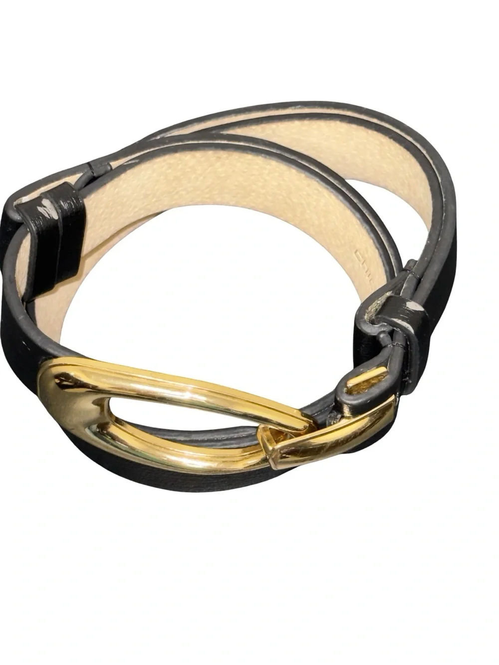 Chico’s Black Genuine Leather Belt M/L Adjustable Gold Statement Buckle